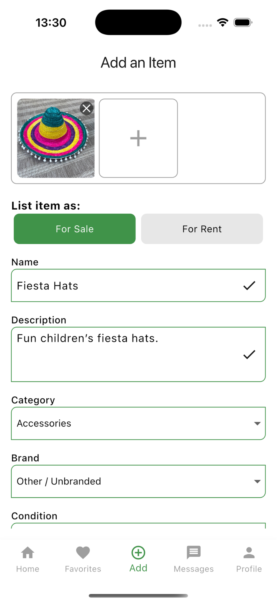 Vestu add an item screen